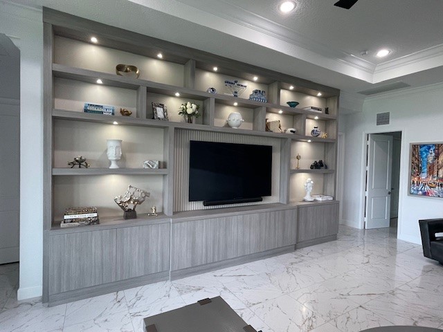 Grey Oak Display Wall — custom wall units in Orillia, Ontario