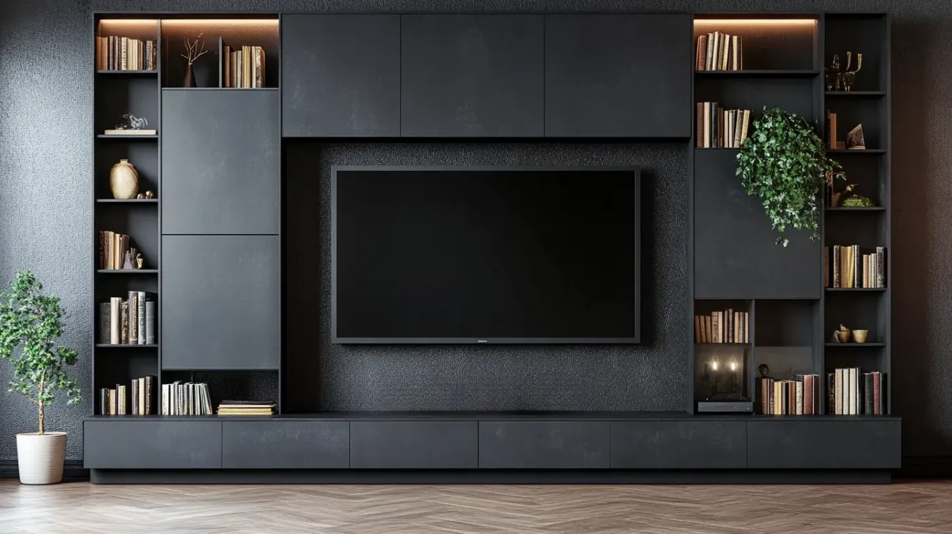 Detail of a recessed LED-lit shelf bay in a matte black media wall unit